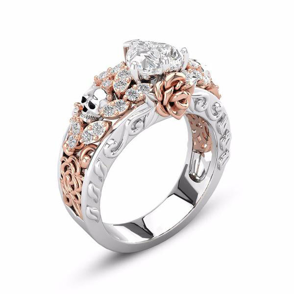 Rose Flower Skull Rings Women Men Punk Skeleton Two-tone Plated Heart AAA Zircon Wedding Finger Ring Europen American New Design