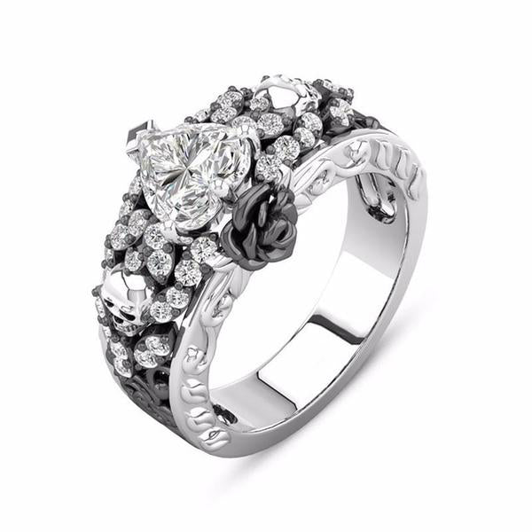 Rose Flower Skull Rings Women Men Punk Skeleton Two-tone Plated Heart AAA Zircon Wedding Finger Ring Europen American New Design