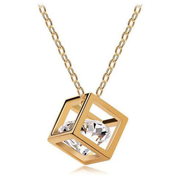 Women Chain Crystal Rhinestone Square Pendant Alloy Necklace Jewelry