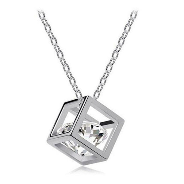 Women Chain Crystal Rhinestone Square Pendant Alloy Necklace Jewelry