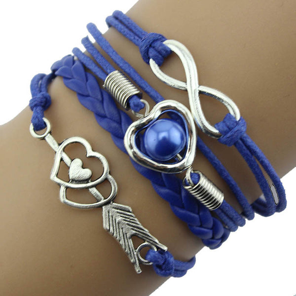 1PC Infinity Love Heart Pearl Friendship Antique Leather Charm Bracelet