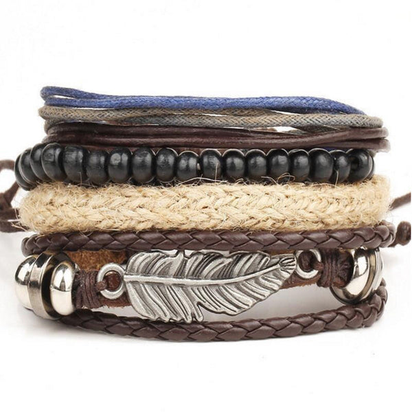 New Men's Braided Leather Stainless Steel Cuff Bangle Bracelet Wristband Multi - layer bracelet