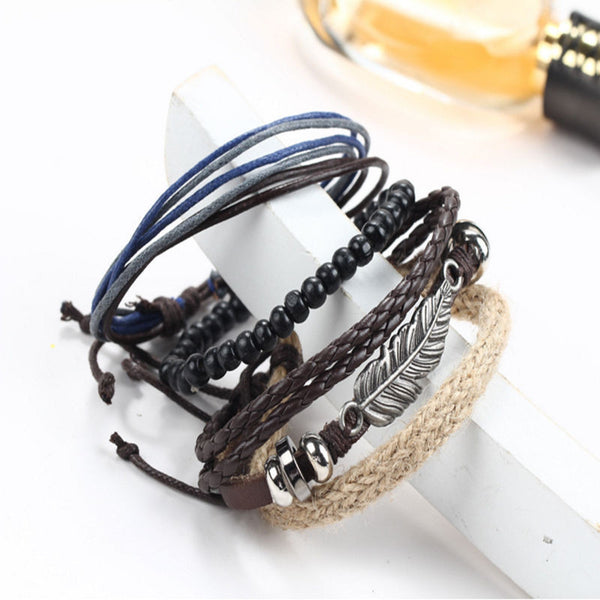 New Men's Braided Leather Stainless Steel Cuff Bangle Bracelet Wristband Multi - layer bracelet