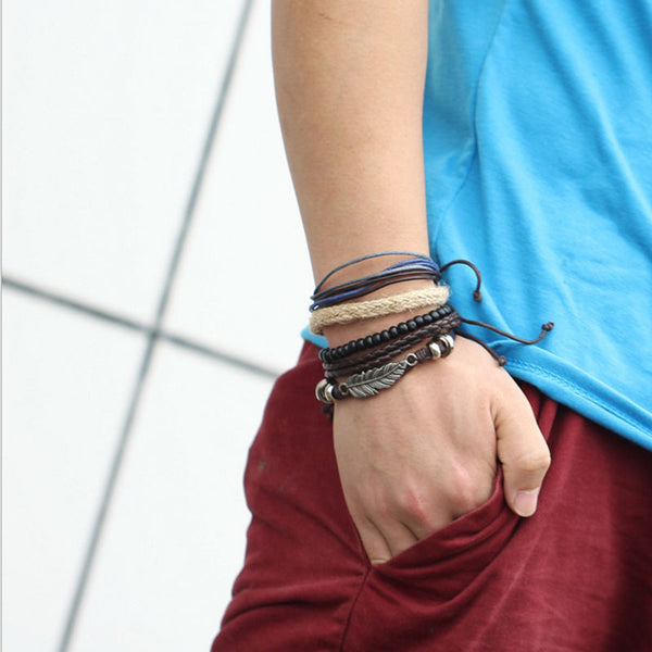 New Men's Braided Leather Stainless Steel Cuff Bangle Bracelet Wristband Multi - layer bracelet