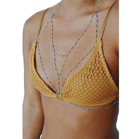 Lady Rhinestone Women Alloy Bead Chain Beach Bikini Harness Necklace Bralette Chain