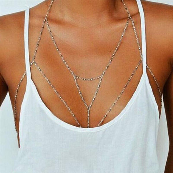 Lady Rhinestone Women Alloy Bead Chain Beach Bikini Harness Necklace Bralette Chain