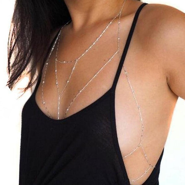 Lady Rhinestone Women Alloy Bead Chain Beach Bikini Harness Necklace Bralette Chain