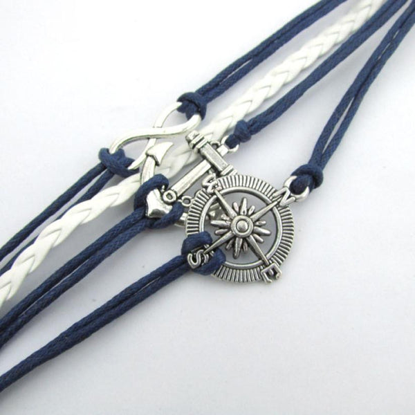 New Hot Infinity Love Anchor Compass Leather Charm Bracelet Plated Silver Frindship bracelets for women