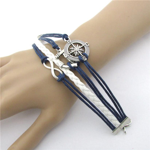 New Hot Infinity Love Anchor Compass Leather Charm Bracelet Plated Silver Frindship bracelets for women