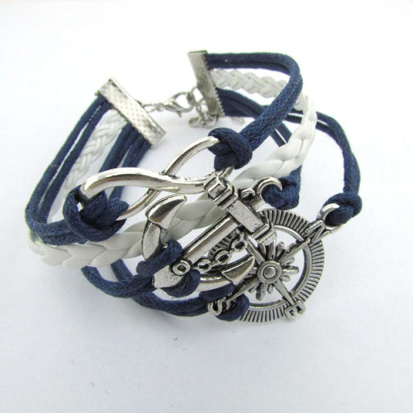 New Hot Infinity Love Anchor Compass Leather Charm Bracelet Plated Silver Frindship bracelets for women