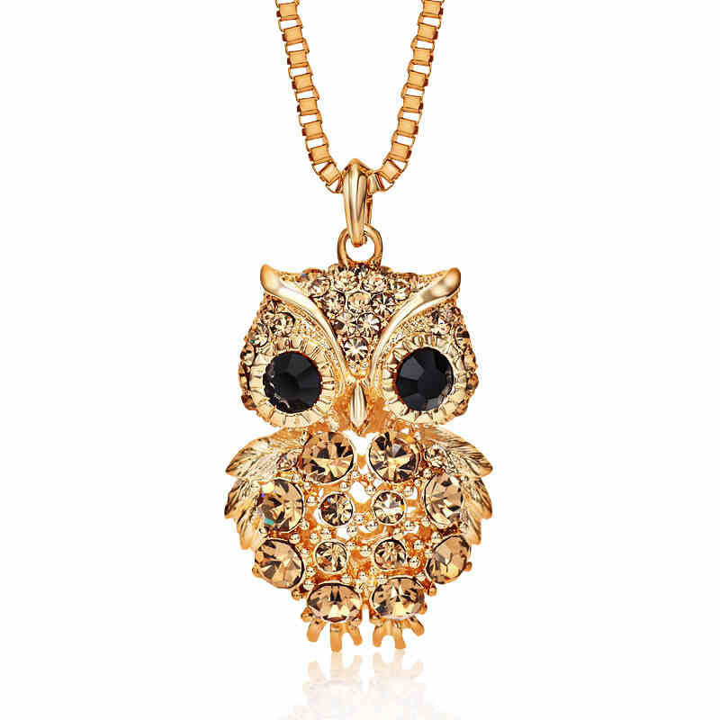 Retro Antique Alloy with Rhinestone Crystal Owl Long Necklace GD