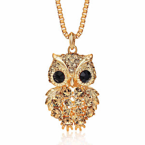 Retro Antique Alloy with Rhinestone Crystal Owl Long Necklace GD