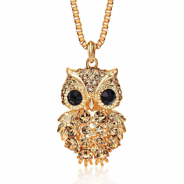 Retro Antique Alloy with Rhinestone Crystal Owl Long Necklace GD