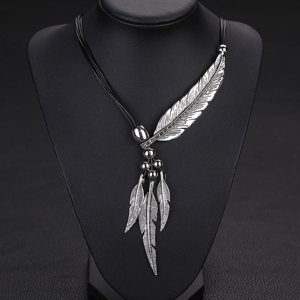 Alloy Feather Antique Vintage Time Necklace Sweater Chain Pendant Jewelry