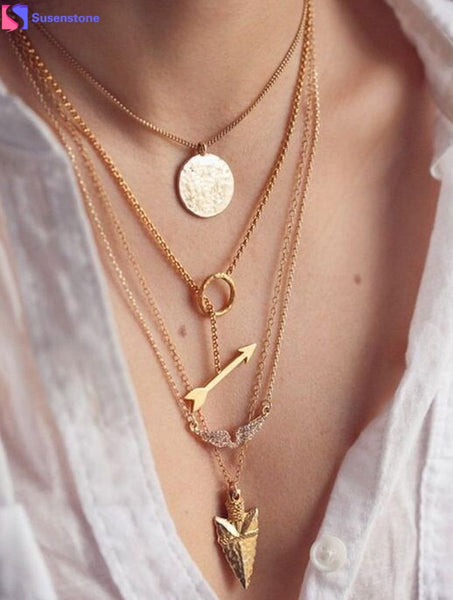 SUSENSTONE Fashion Women Necklaces Multilayer Irregular Crystal Gold Pendant Chain Statement Necklace  Suzie