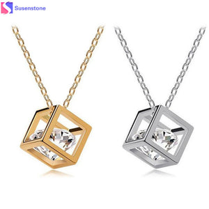 Women Chain Crystal Rhinestone Square Pendant Alloy Necklace Jewelry