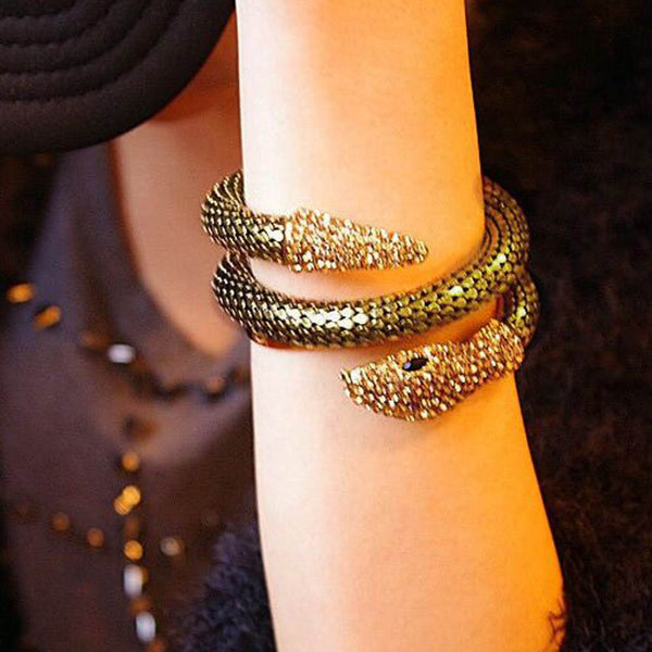 Punk Rhinestone Curved Stretch Snake Cuff Bangle Bracelet GD