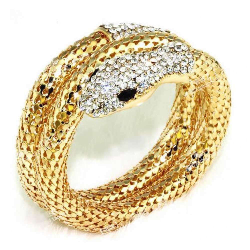 Punk Rhinestone Curved Stretch Snake Cuff Bangle Bracelet GD