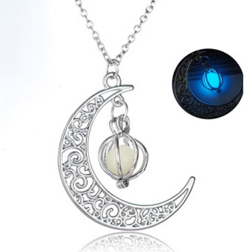 Glow In The Dark Luminous Necklace Moon&Pumpkin Pendant Silver Plated