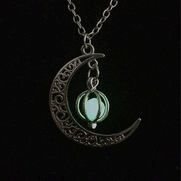 Glow In The Dark Luminous Necklace Moon&Pumpkin Pendant Silver Plated