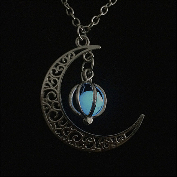 Glow In The Dark Luminous Necklace Moon&Pumpkin Pendant Silver Plated