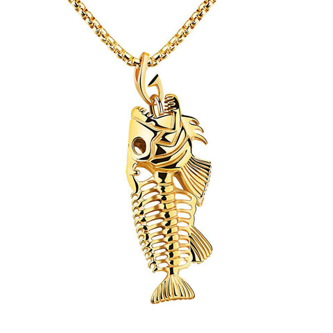 Fish Bone & Fishing Hook Skeleton Stainless Steel Pendant Surfer Chain Necklace