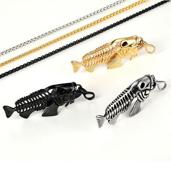 Fish Bone & Fishing Hook Skeleton Stainless Steel Pendant Surfer Chain Necklace