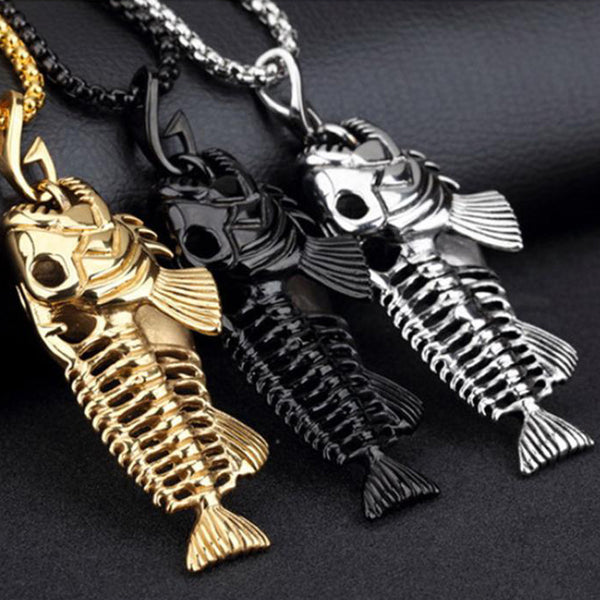 Fish Bone & Fishing Hook Skeleton Stainless Steel Pendant Surfer Chain Necklace