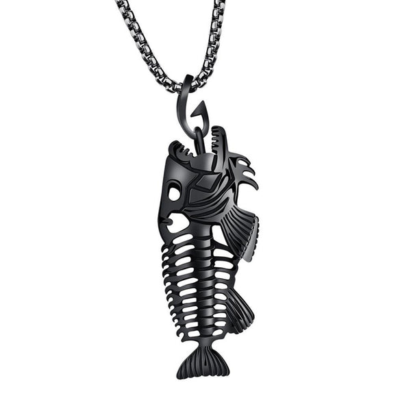 Fish Bone & Fishing Hook Skeleton Stainless Steel Pendant Surfer Chain Necklace