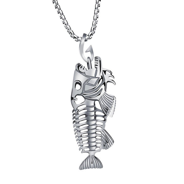 Fish Bone & Fishing Hook Skeleton Stainless Steel Pendant Surfer Chain Necklace