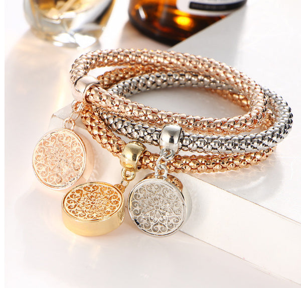 3pcs Charm Women Bracelet Gold Silver Rose Gold Rhinestone Bangle Jewelry Set