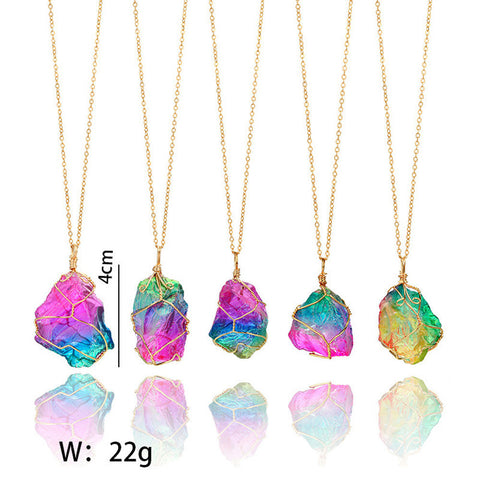 Rainbow Stone Natural Crystal  Rock Necklace Gold Plated Quartz Pendant