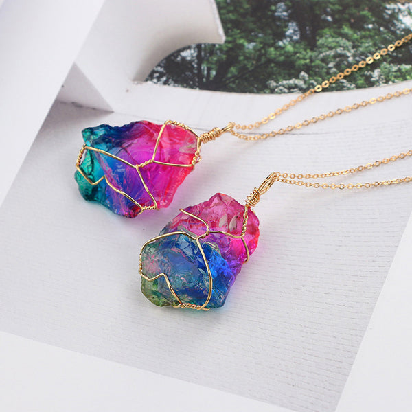 Rainbow Stone Natural Crystal  Rock Necklace Gold Plated Quartz Pendant