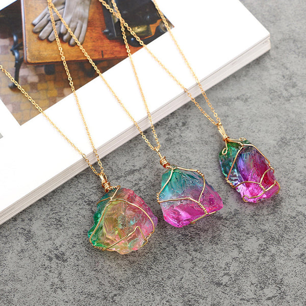 Rainbow Stone Natural Crystal  Rock Necklace Gold Plated Quartz Pendant