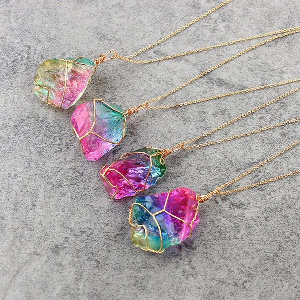 Rainbow Stone Natural Crystal  Rock Necklace Gold Plated Quartz Pendant