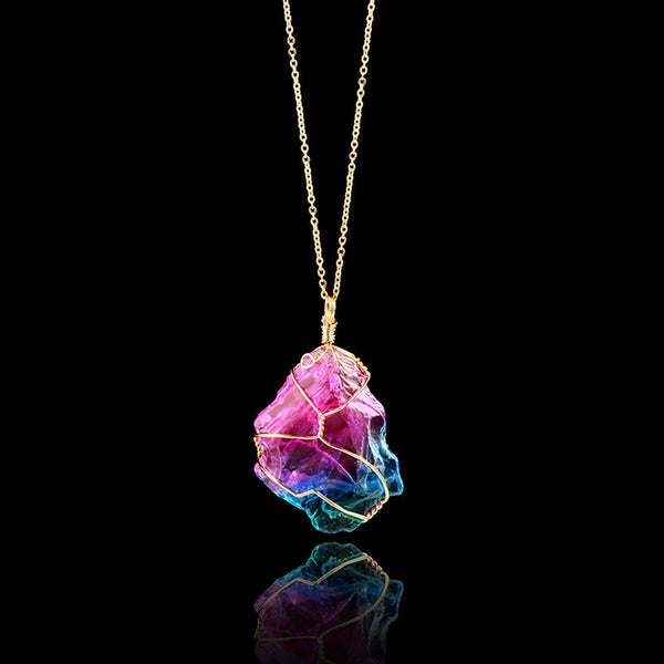 Rainbow Stone Natural Crystal  Rock Necklace Gold Plated Quartz Pendant