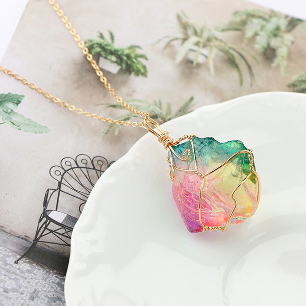 Rainbow Stone Natural Crystal  Rock Necklace Gold Plated Quartz Pendant