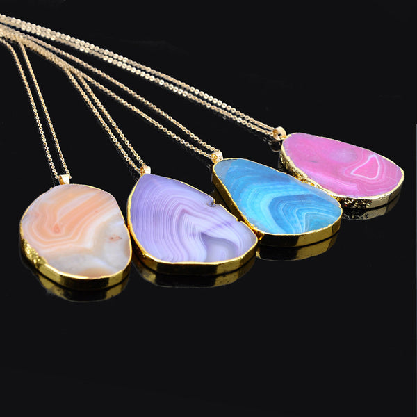 1PC Natural Stone Crystal  Rock Necklace Gold Plated Quartz Pendant