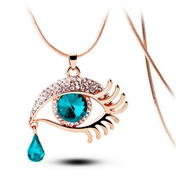 Fashion Magic Eye Crystal Tear Drop Eyelashes Necklace Long Sweater Chain