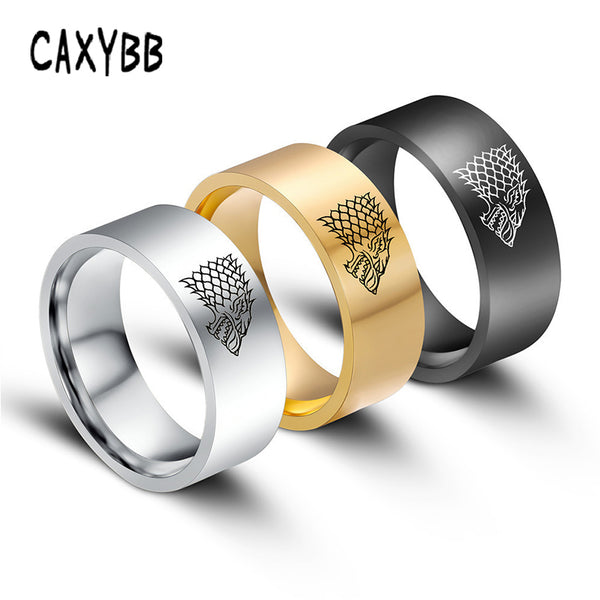 Gold Black Color Silver Stainless Steel Men Game Ring of Thrones House Stark Winterfell Wolf Ice Men Rings For Women Men