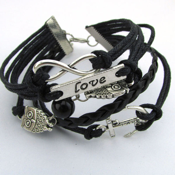 Exquisite Infinity Owl Love Anchor Friendship Leather Charm Bracelet Silver Cute