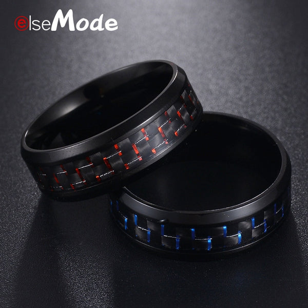 ELSEMODE Titanium Steel Black Carbon Fiber Mens Cool Rings Fashion Red Blue Ring Anel Masculino Jewelry