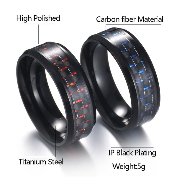 ELSEMODE Titanium Steel Black Carbon Fiber Mens Cool Rings Fashion Red Blue Ring Anel Masculino Jewelry