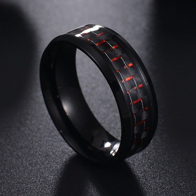 ELSEMODE Titanium Steel Black Carbon Fiber Mens Cool Rings Fashion Red Blue Ring Anel Masculino Jewelry