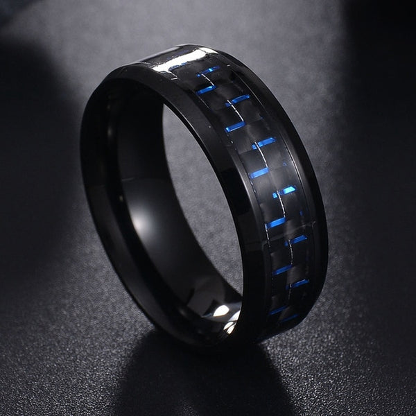 ELSEMODE Titanium Steel Black Carbon Fiber Mens Cool Rings Fashion Red Blue Ring Anel Masculino Jewelry