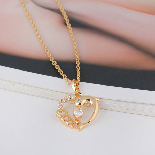 Women Necklace Micro-inclosed Dolphin and Heart Shape Zincons Pierced Delicate Hollow out Necklace