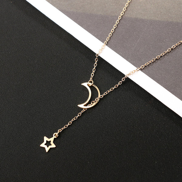 Women's Moon Star Pendant Choker Necklace Gold Silver Long Chain Jewelry Simple