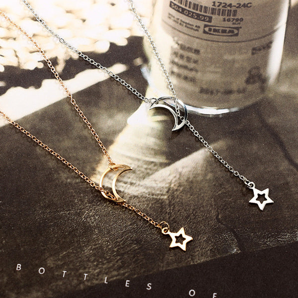 Women's Moon Star Pendant Choker Necklace Gold Silver Long Chain Jewelry Simple