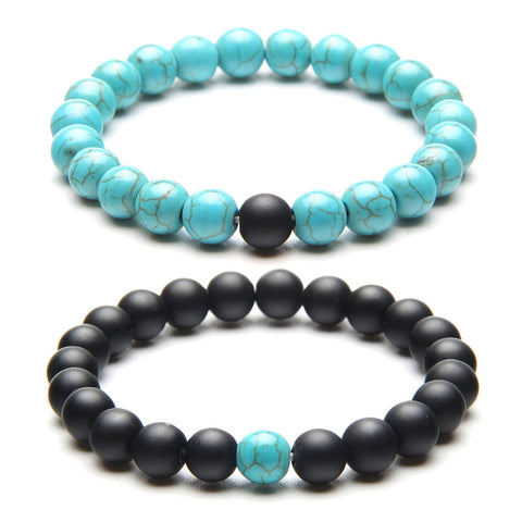 2Pcs 8mm Couples Bracelet Classic Natural Stone Blue and Black Yin Yang Beaded Dull Polish Bracelets