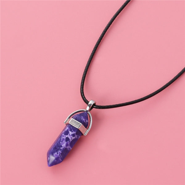 Hexagonal Quartz Crystal Stone Pendant Necklace with Wax Rope for Women